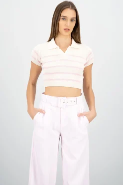 Shasa Striped Print Short Sleeve Polo Neck