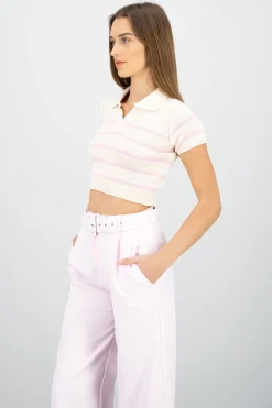 Shasa Striped Print Short Sleeve Polo Neck