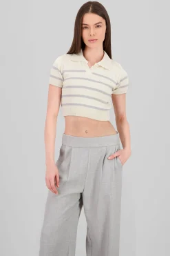 Shasa Striped Print Short Sleeve Polo Neck