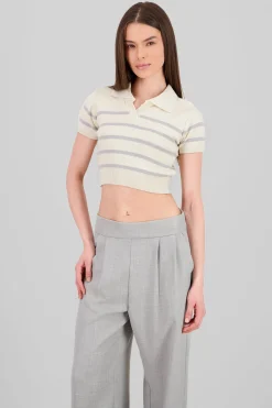 Shasa Striped Print Short Sleeve Polo Neck
