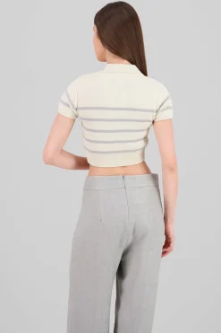 Shasa Striped Print Short Sleeve Polo Neck