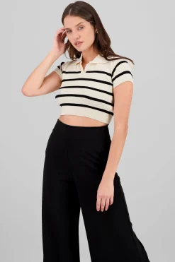 Shasa Striped Print Short Sleeve Polo Neck