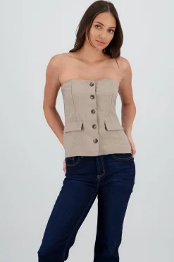 Shasa Striped Strapless Top with Buttons