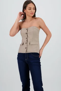Shasa Striped Strapless Top with Buttons