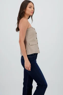 Shasa Striped Strapless Top with Buttons