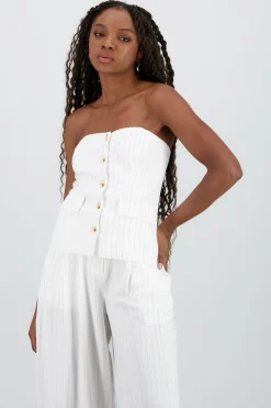 Shasa Striped Strapless Top with Buttons
