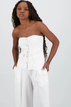 Shasa Striped Strapless Top with Buttons