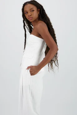 Shasa Striped Strapless Top with Buttons