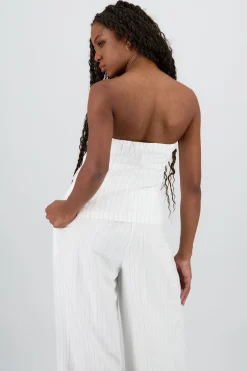 Shasa Striped Strapless Top with Buttons