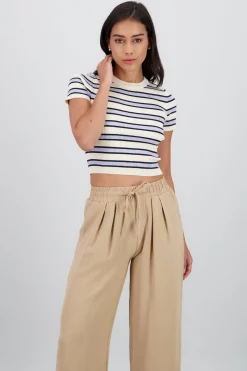Shasa Striped Woven Short Sleeve Crop Top