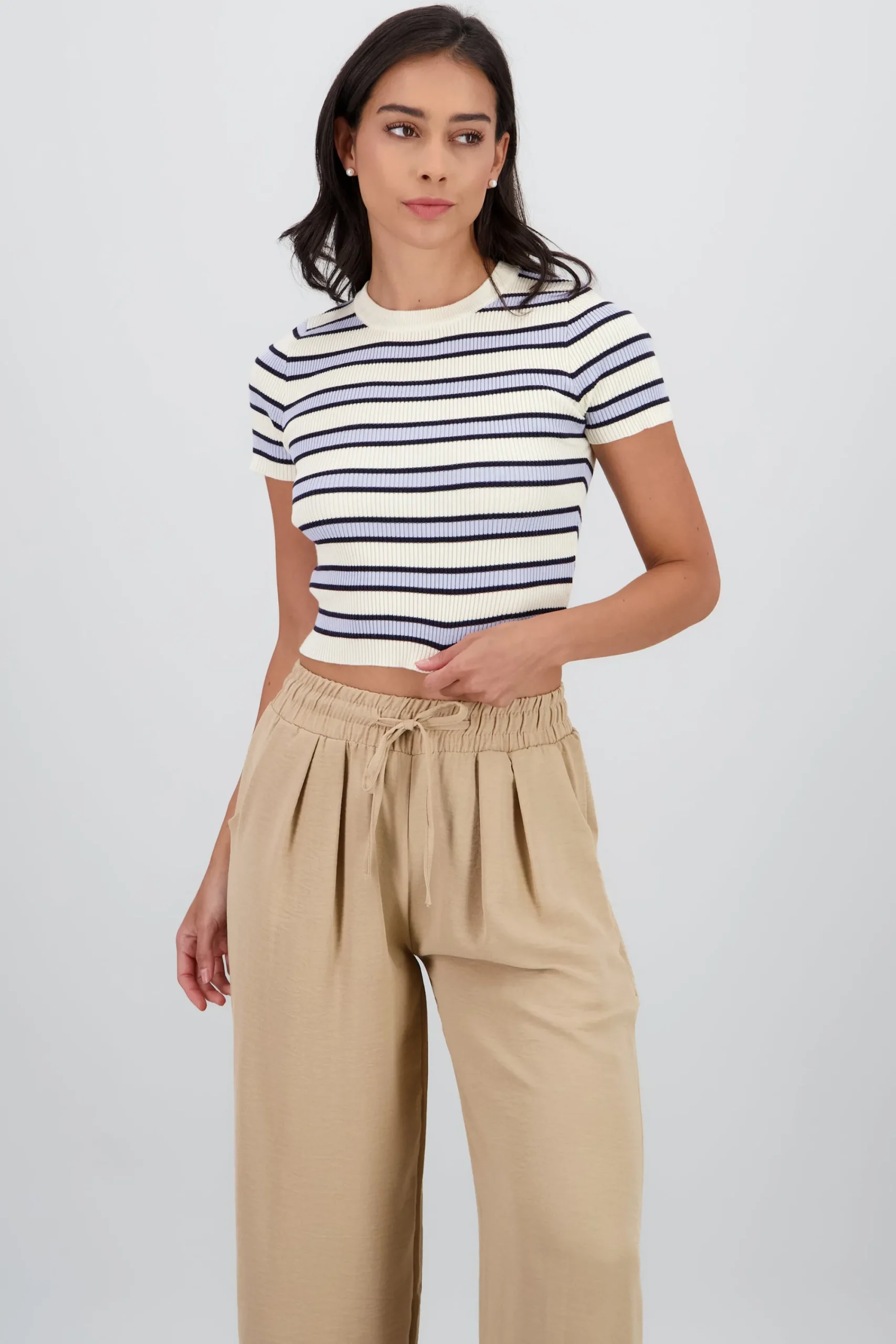 Shasa Striped Woven Short Sleeve Crop Top