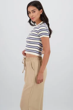 Shasa Striped Woven Short Sleeve Crop Top