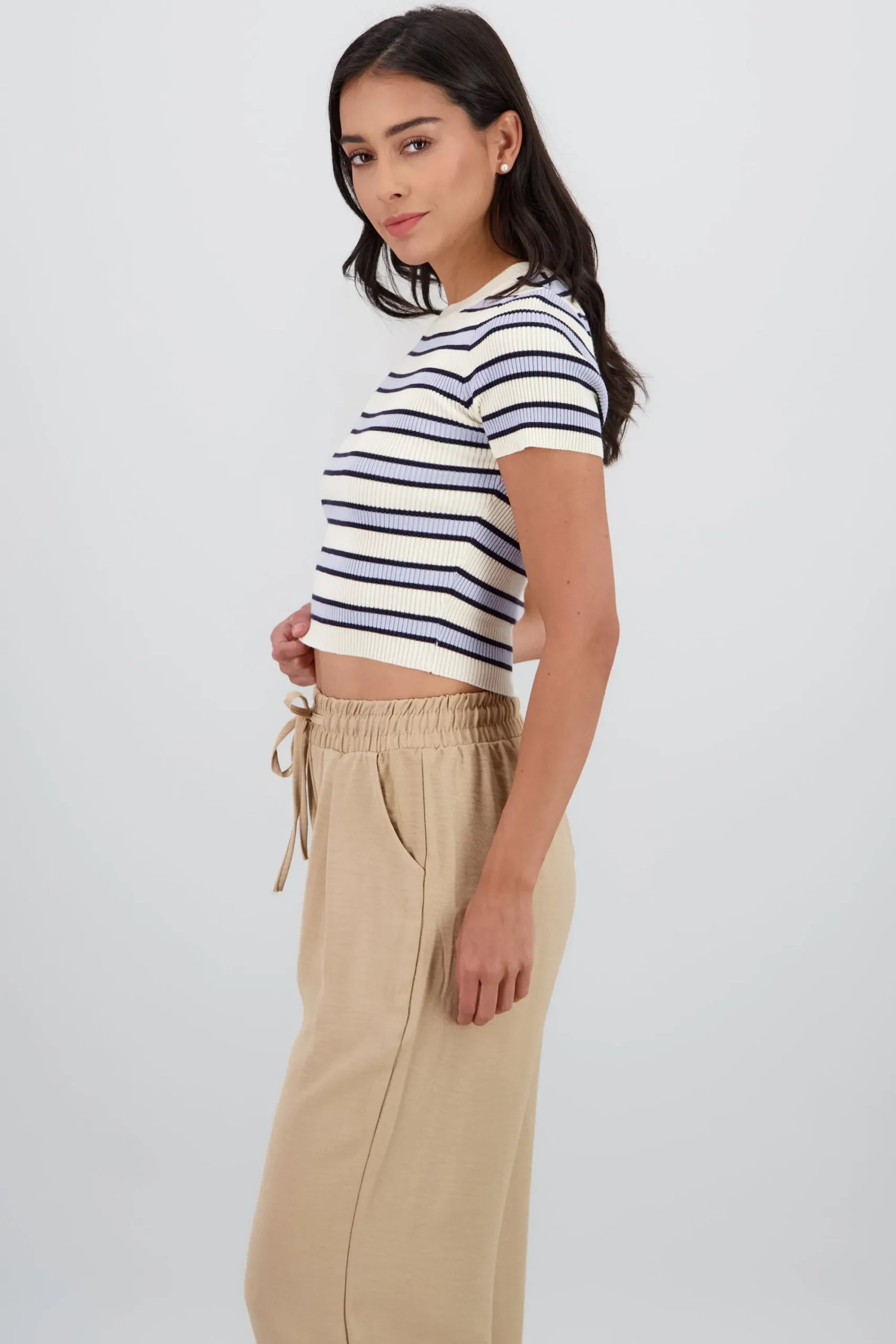 Shasa Striped Woven Short Sleeve Crop Top
