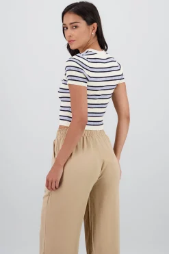 Shasa Striped Woven Short Sleeve Crop Top
