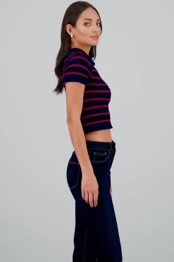 Shasa Stripped Polo Neck Top