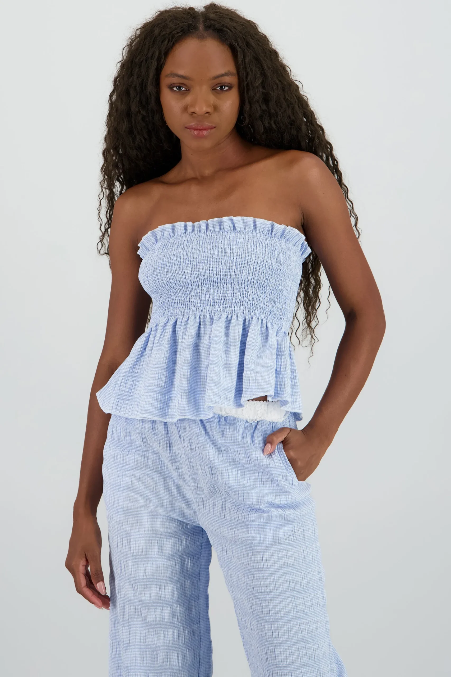 Shasa Textured Checkered Strapless Top