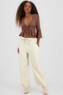 Shasa Textured Drawstring Detail Straight Pants with