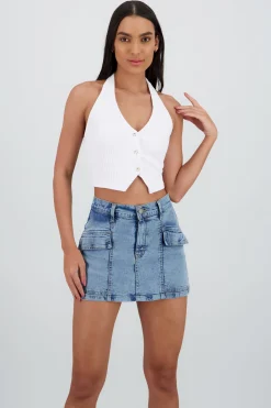 Shasa Textured Halter Top with Buttons
