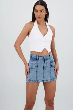 Shasa Textured Halter Top with Buttons