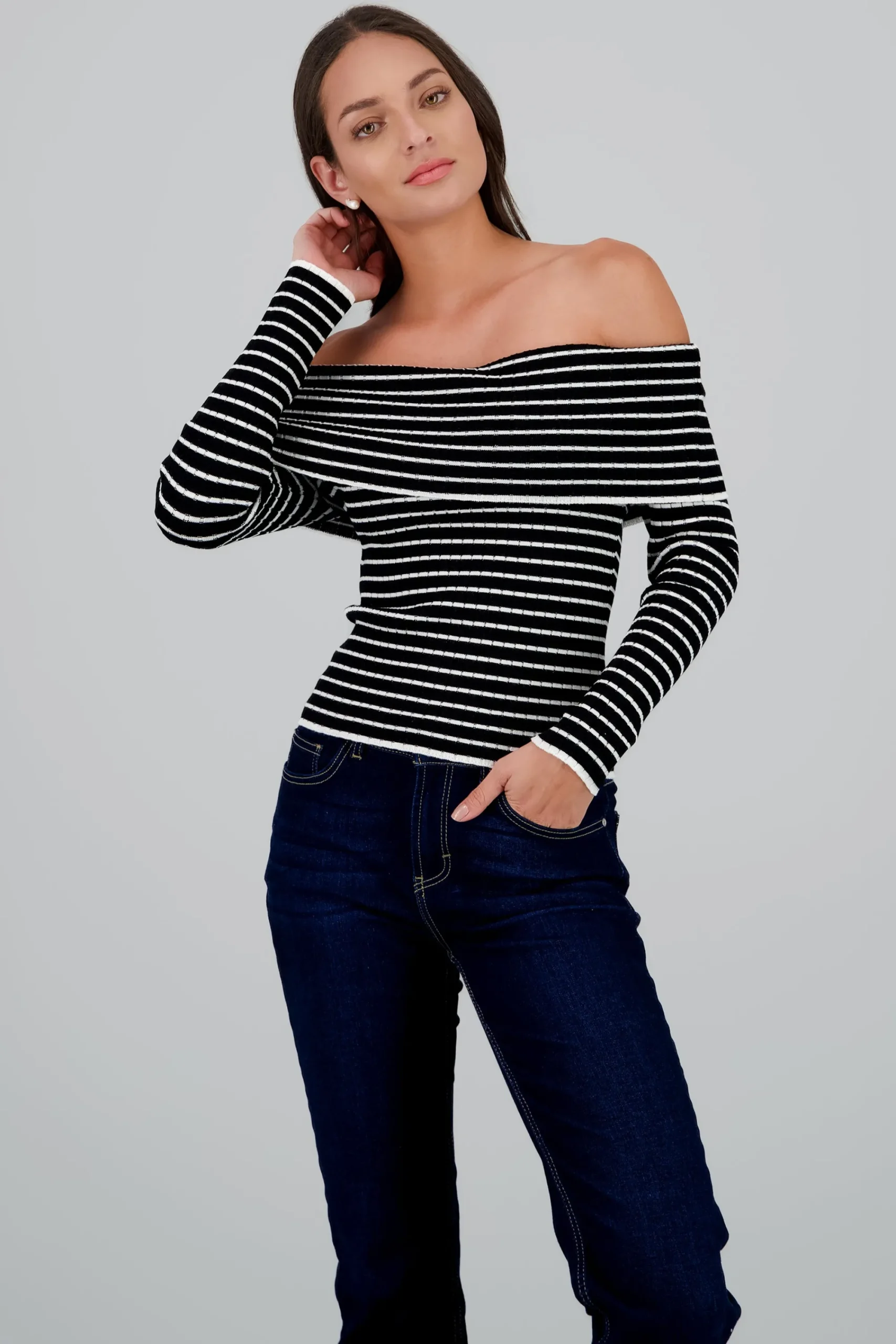 Shasa Textured Off Shoulder Long Sleeve Top