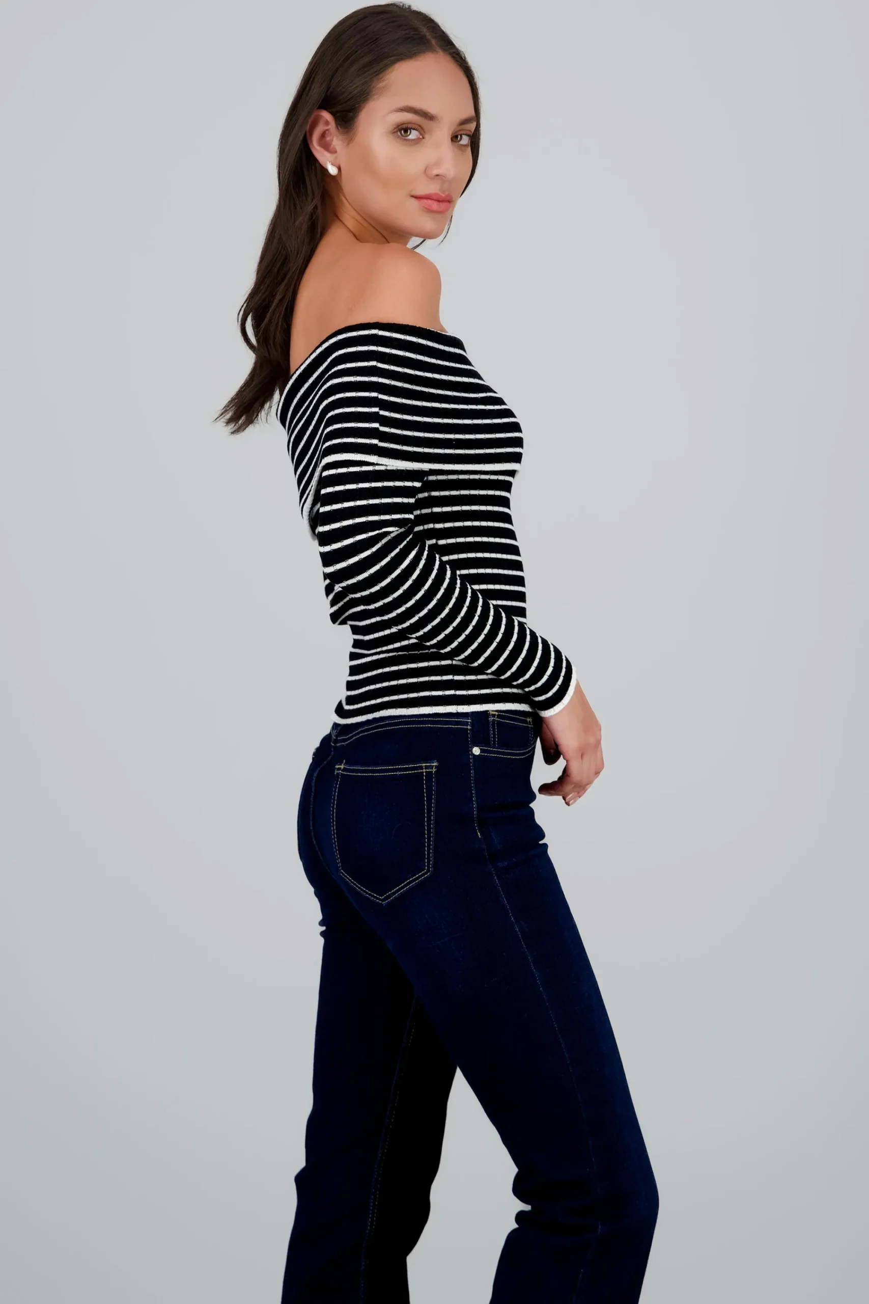 Shasa Textured Off Shoulder Long Sleeve Top