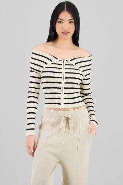 Shasa Thin Striped Off Shoulder Sweater