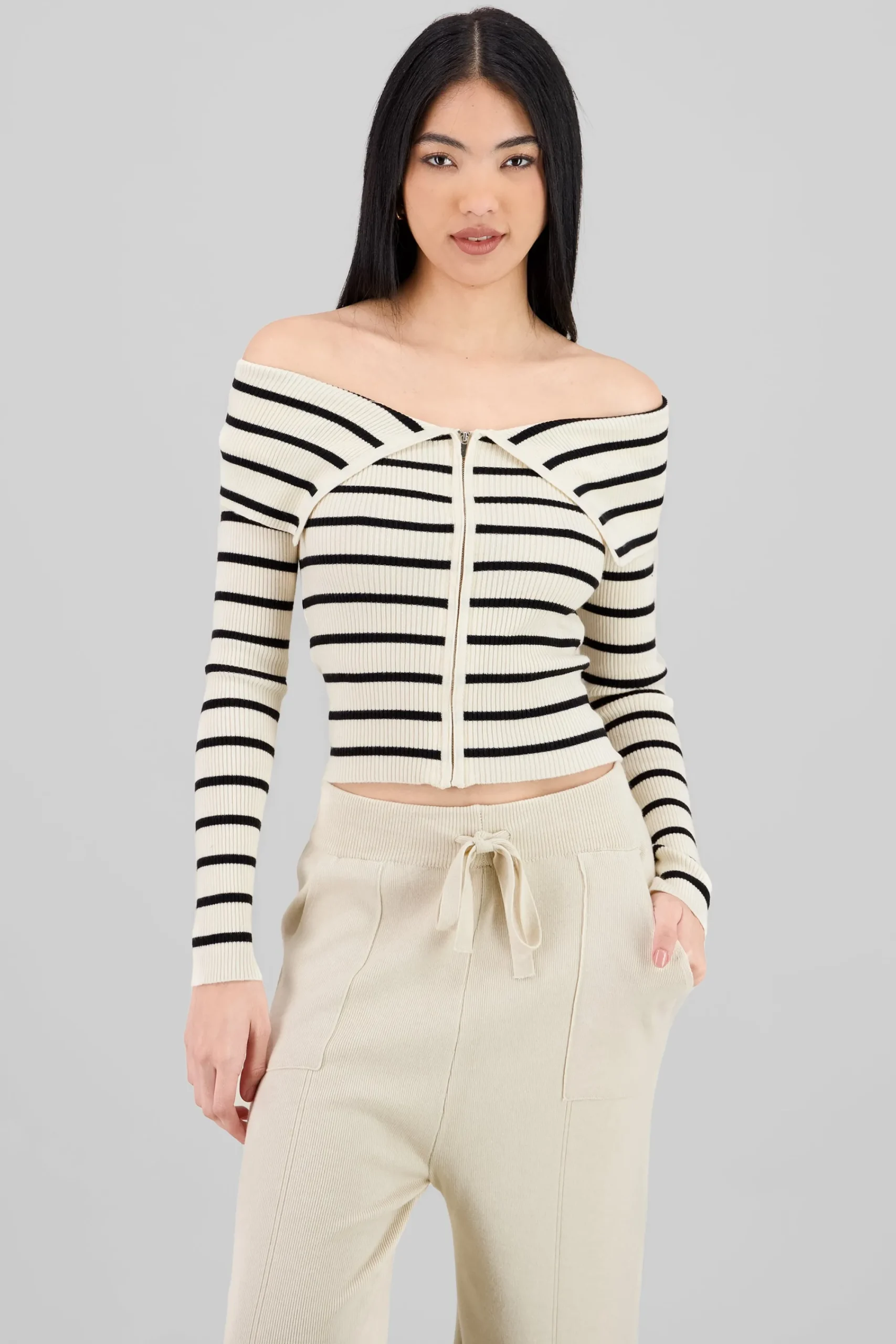 Shasa Thin Striped Off Shoulder Sweater