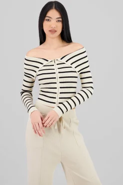 Shasa Thin Striped Off Shoulder Sweater