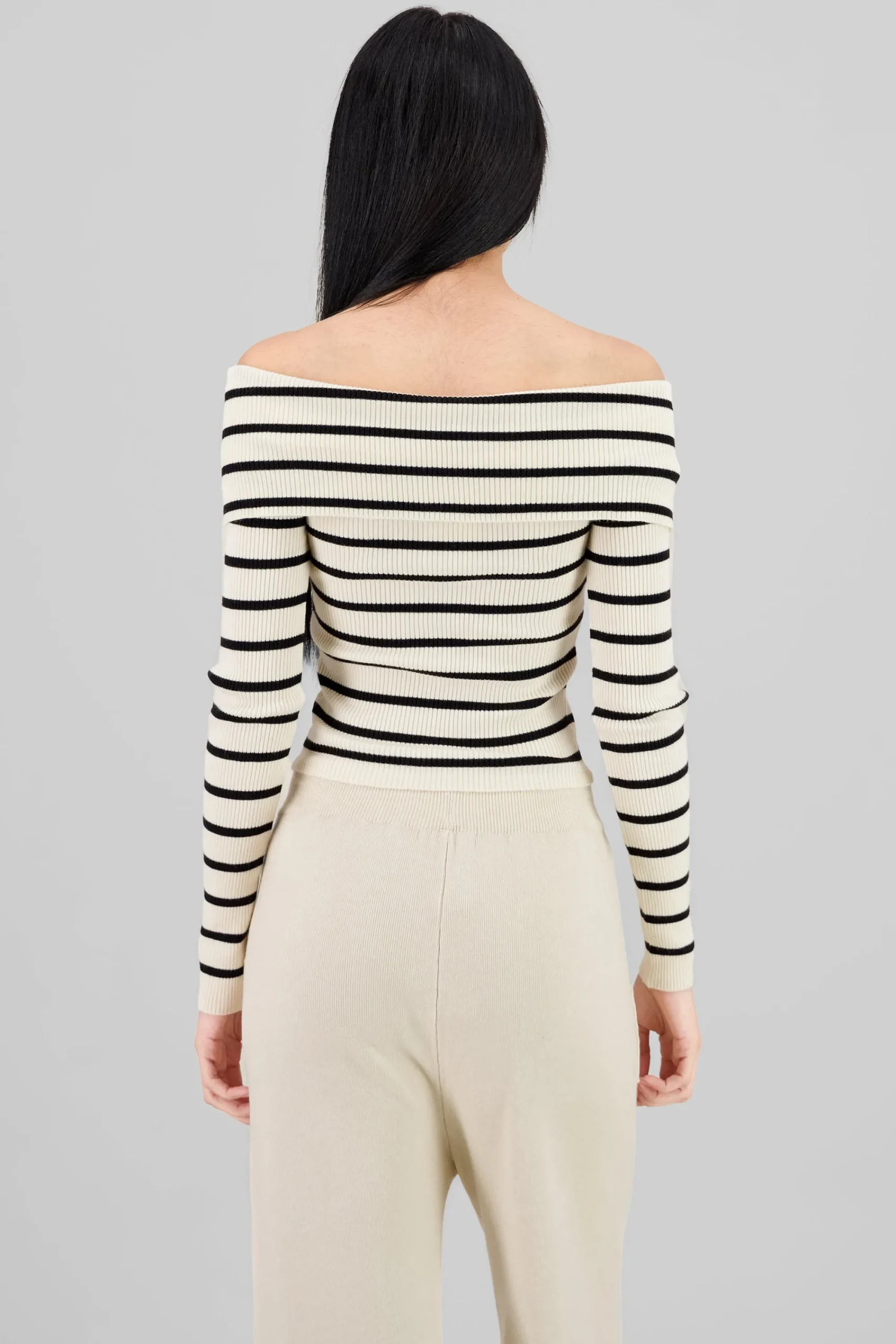 Shasa Thin Striped Off Shoulder Sweater