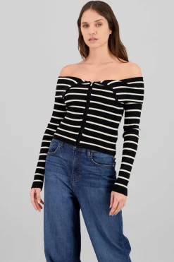 Shasa Thin Striped Off Shoulder Sweater