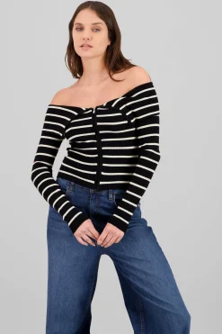 Shasa Thin Striped Off Shoulder Sweater
