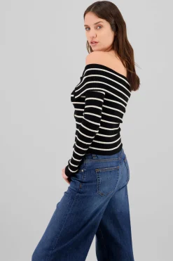 Shasa Thin Striped Off Shoulder Sweater