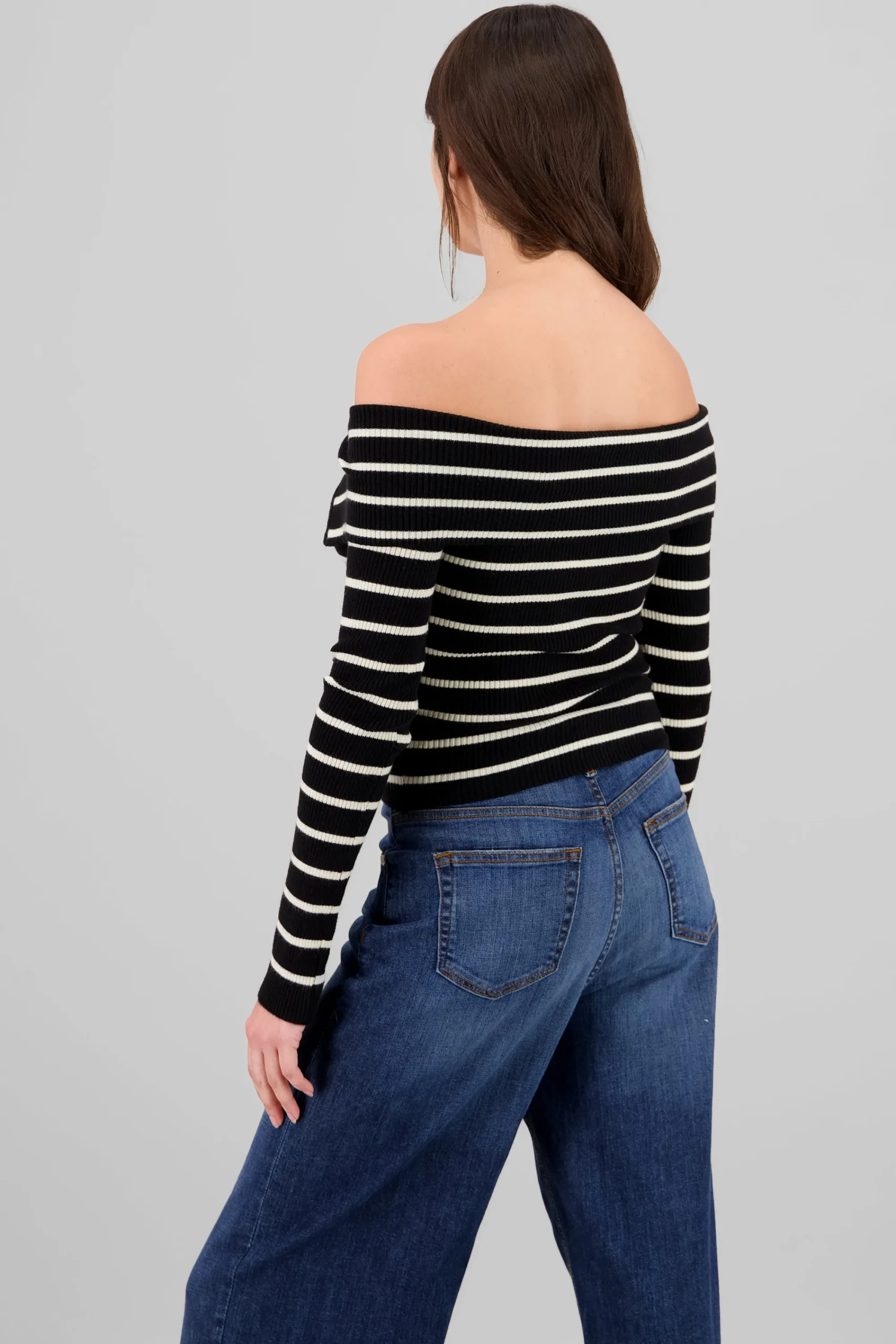 Shasa Thin Striped Off Shoulder Sweater