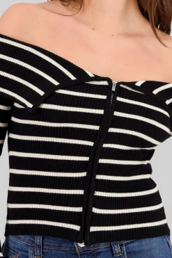 Shasa Thin Striped Off Shoulder Sweater