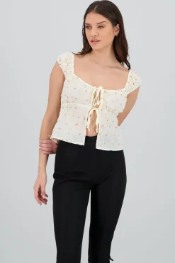 Shasa Top with Embroidery and Lace Up Detail