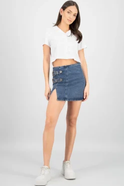 Shasa Two Buckles Denim Mini Skirt