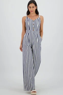 Shasa V Neck Striped Jumpsuit with Straps