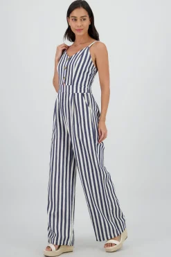 Shasa V Neck Striped Jumpsuit with Straps