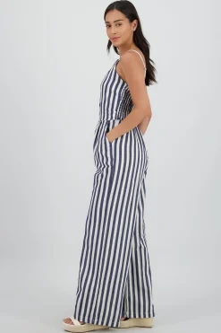 Shasa V Neck Striped Jumpsuit with Straps