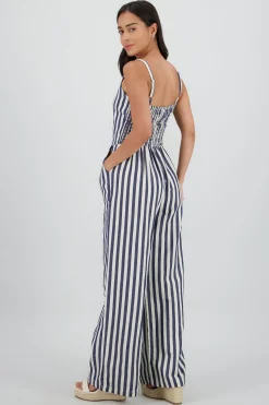 Shasa V Neck Striped Jumpsuit with Straps