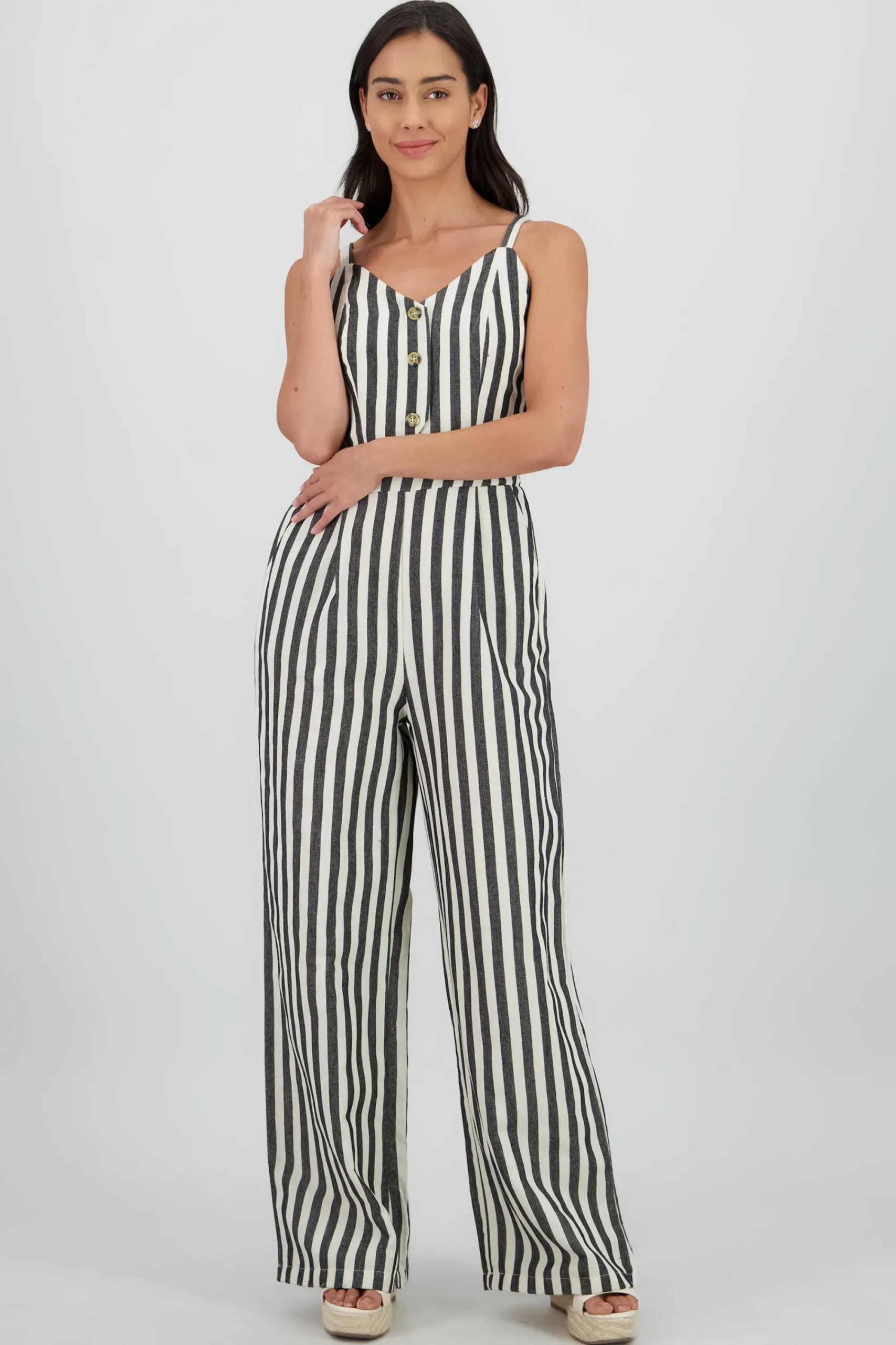 Shasa V Neck Striped Jumpsuit with Straps