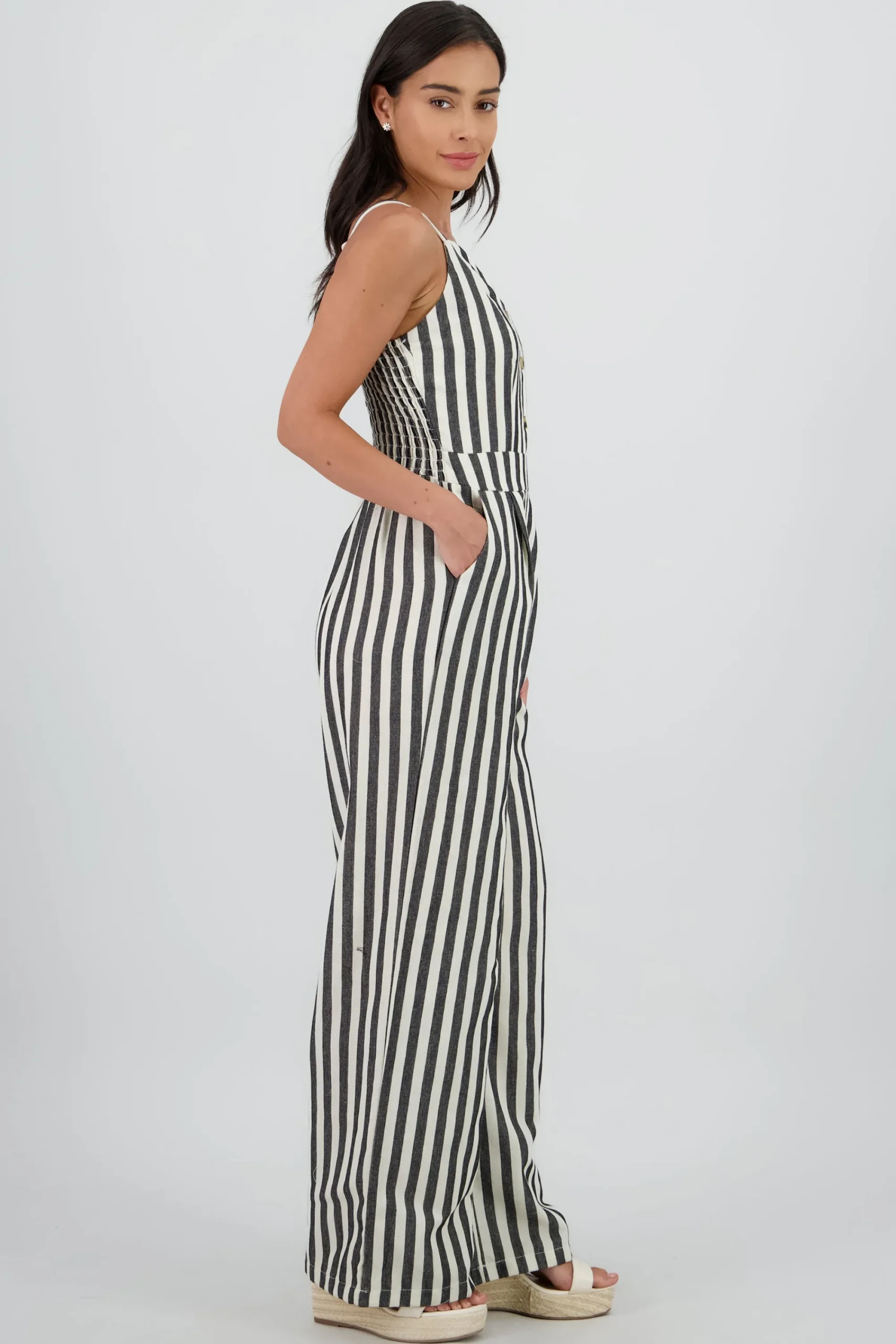 Shasa V Neck Striped Jumpsuit with Straps