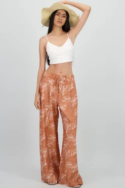 Shasa Wide Leg Pants with Elastic Waist and Tropical Print
