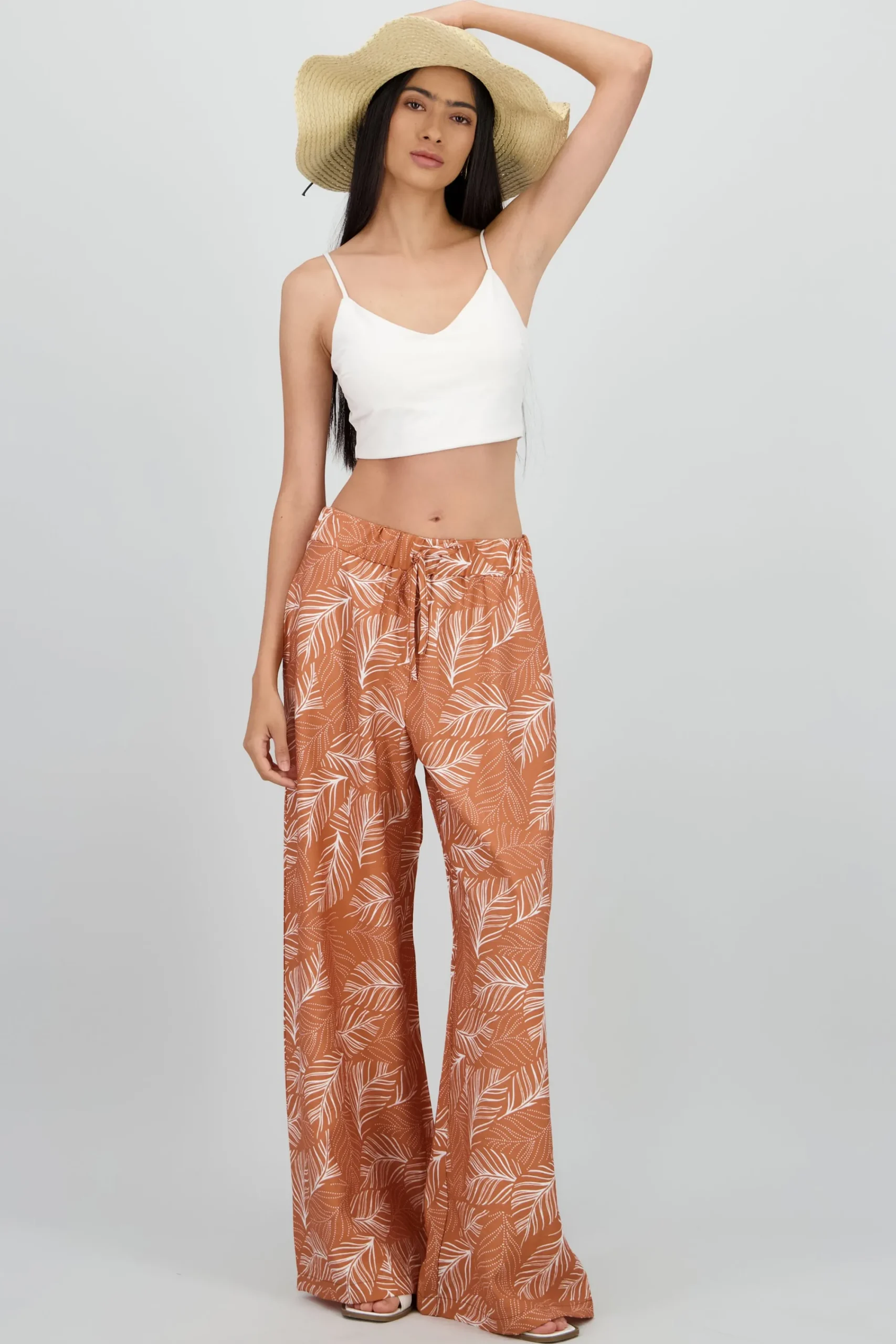 Shasa Wide Leg Pants with Elastic Waist and Tropical Print