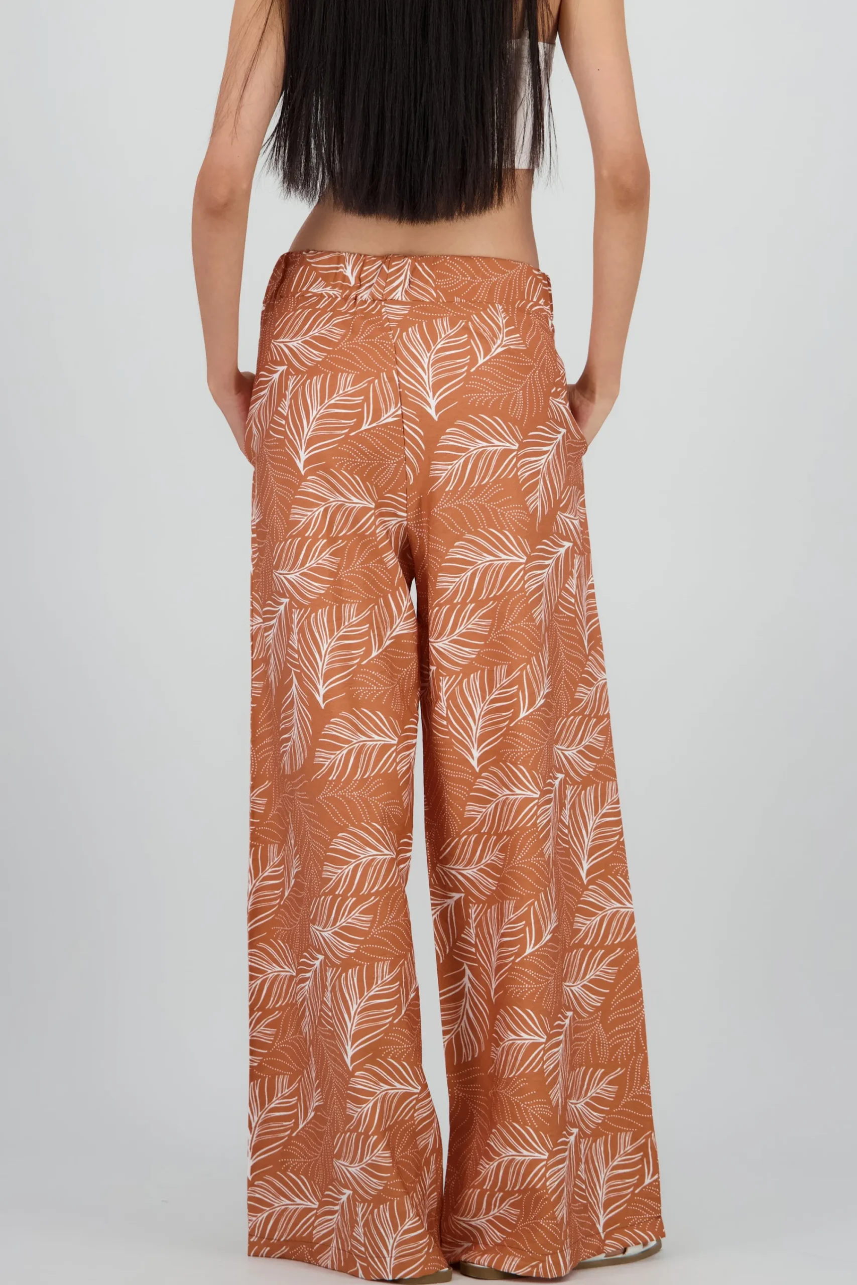 Shasa Wide Leg Pants with Elastic Waist and Tropical Print