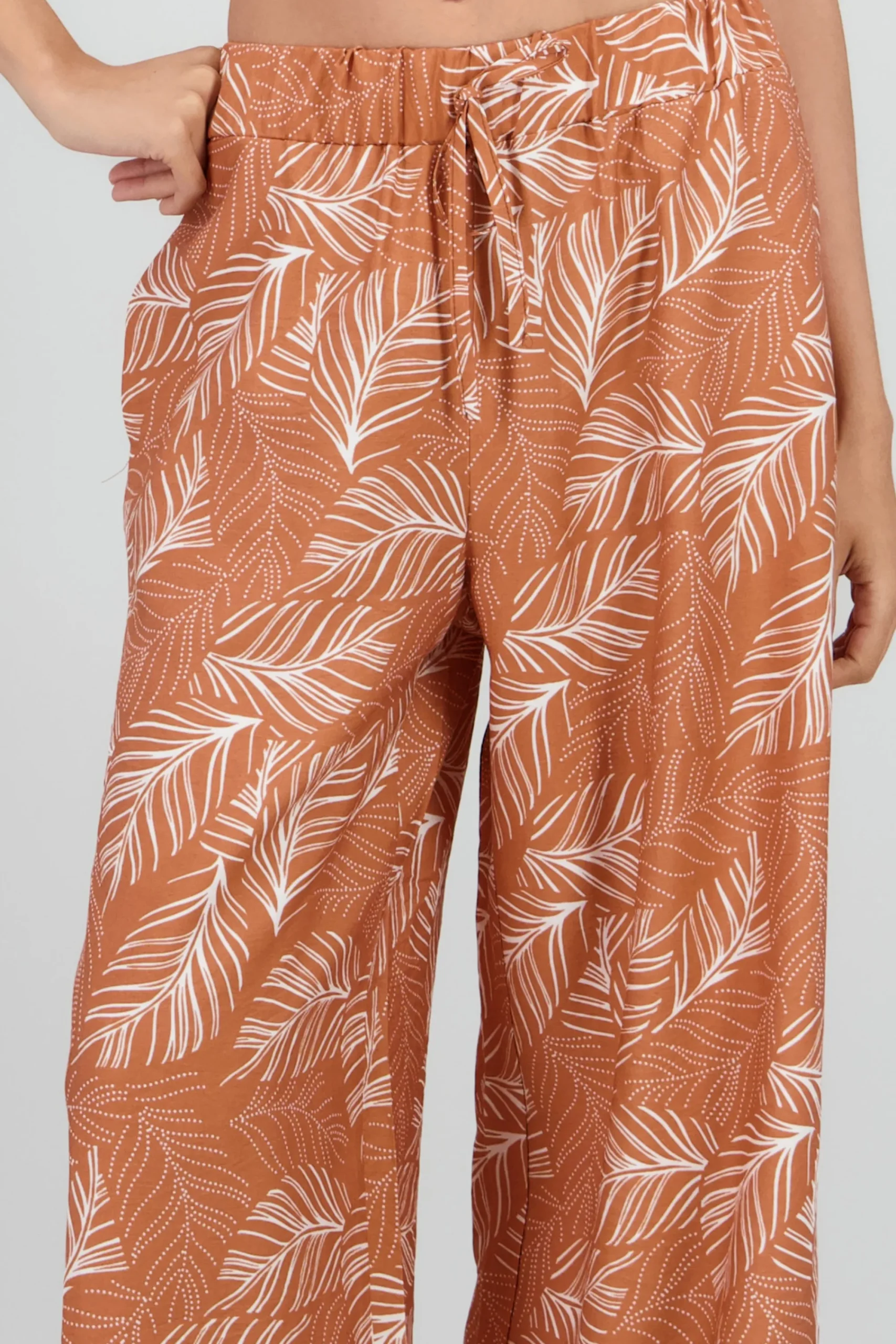 Shasa Wide Leg Pants with Elastic Waist and Tropical Print