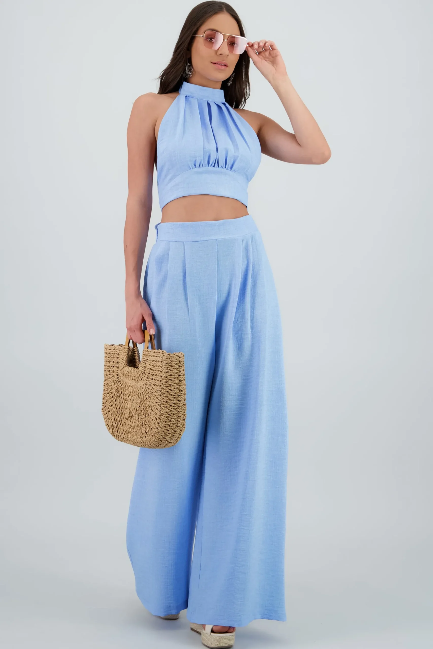 Shasa Wide Leg Pants with Pleated Waistband Detail