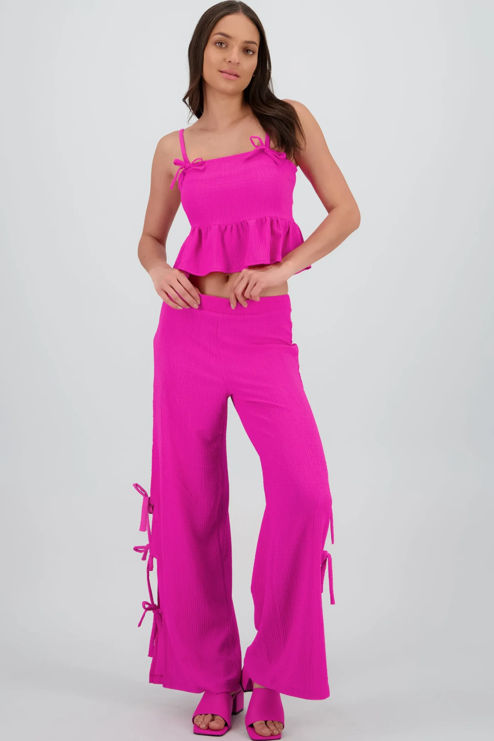 Shasa Wide Leg Pants with Side Slits and Texture Detail