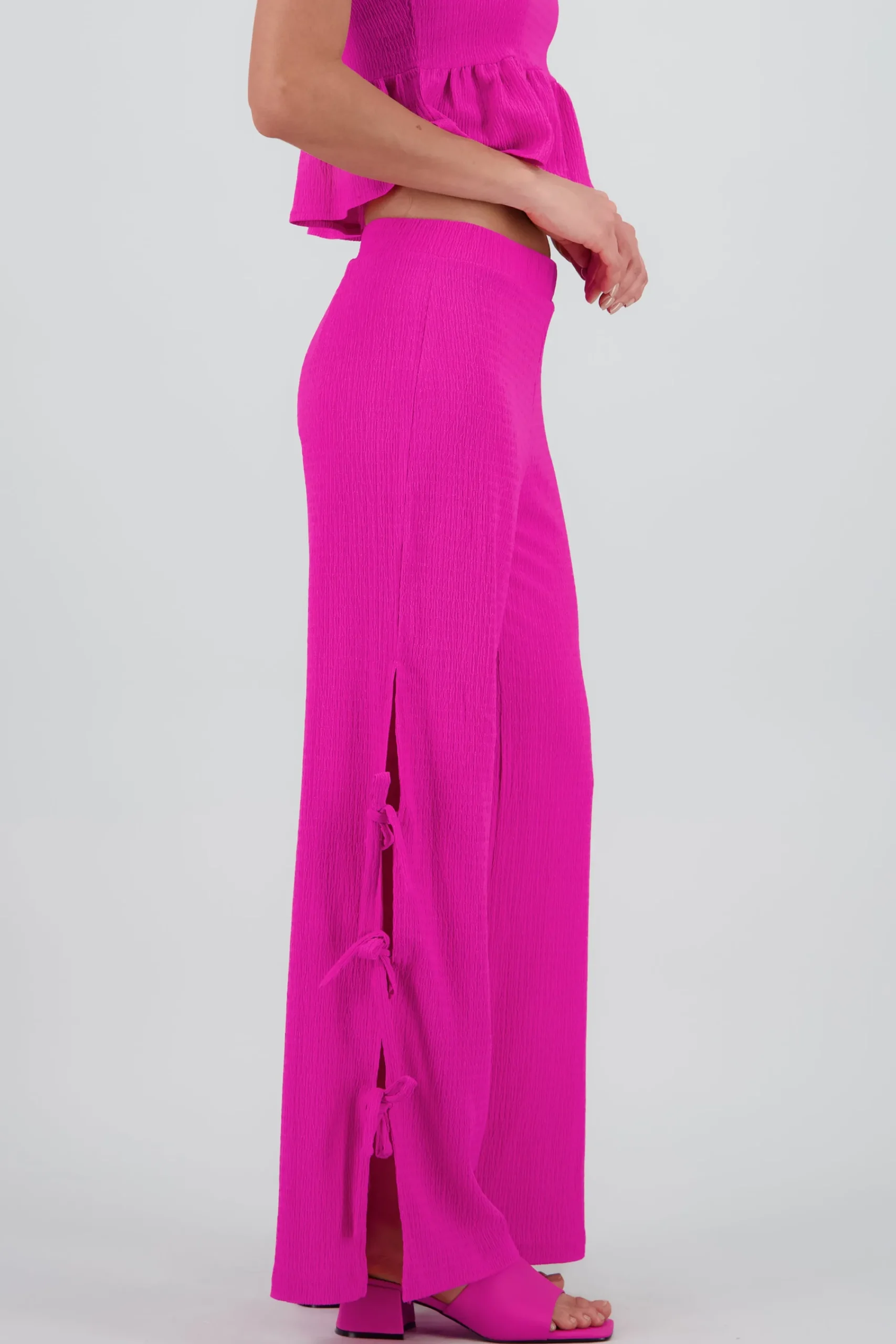 Shasa Wide Leg Pants with Side Slits and Texture Detail