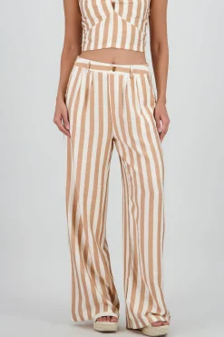 Shasa Wide Leg Striped Pants with Button Detail
